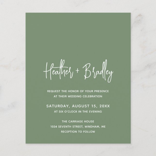 Minimalist Sage Green Modern Budget Wedding Invite (Front)