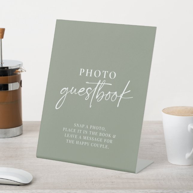 Minimalist Sage Green Modern  Photo Guestbook Pedestal Sign (In SItu)