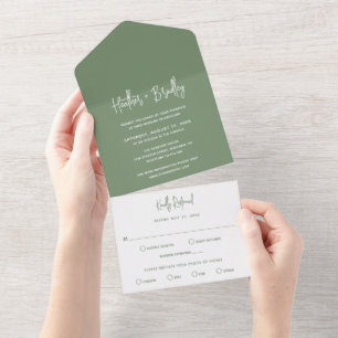 Minimalist Sage Green Modern Wedding All In One Invitation