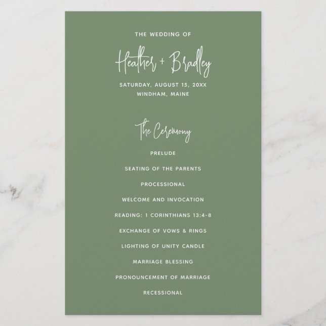 Minimalist Sage Green Modern Wedding Program (Front)