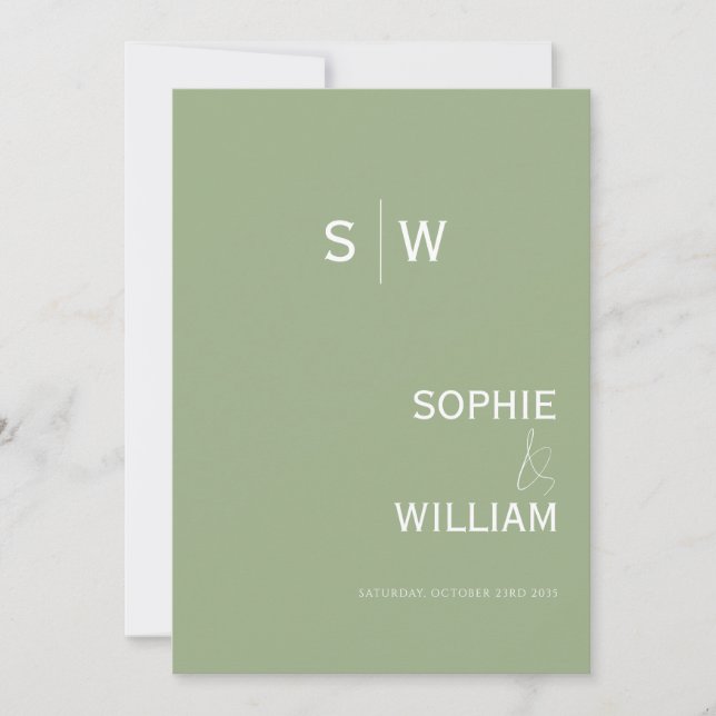 Minimalist Sage Green Monogram Ampersand Wedding Invitation (Front)
