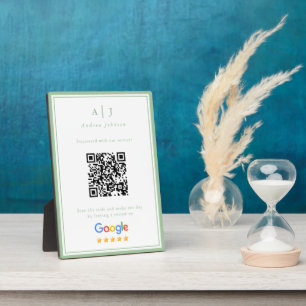 Minimalist Sage Green Monogram Review Link QR Code Plaque