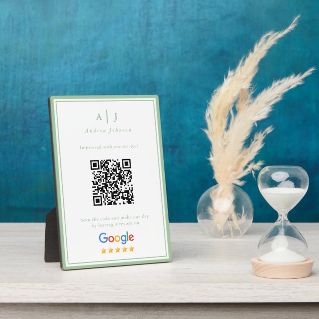 Minimalist Sage Green Monogram Review Link QR Code Plaque (Side)