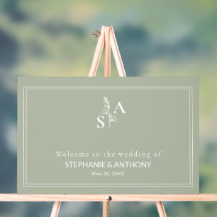 Minimalist Sage Green Monogram Wildflower Wedding Acrylic Sign