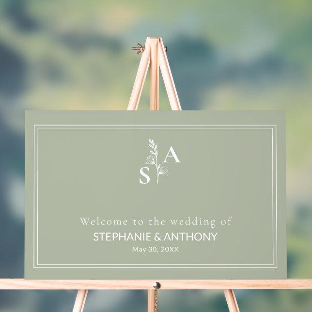 Minimalist Sage Green Monogram Wildflower Wedding Acrylic Sign (Neutral)
