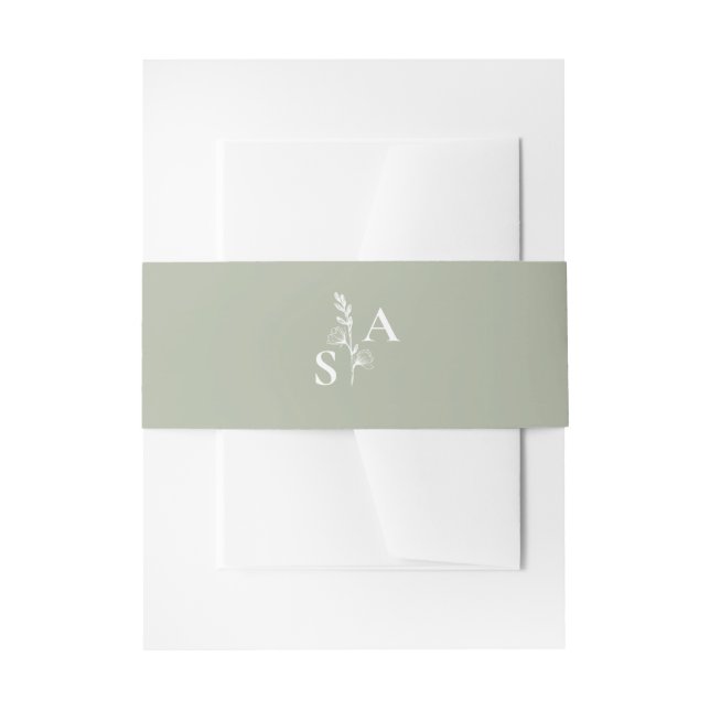 Minimalist Sage Green Monogram Wildflower Wedding Invitation Belly Band (Front Example)
