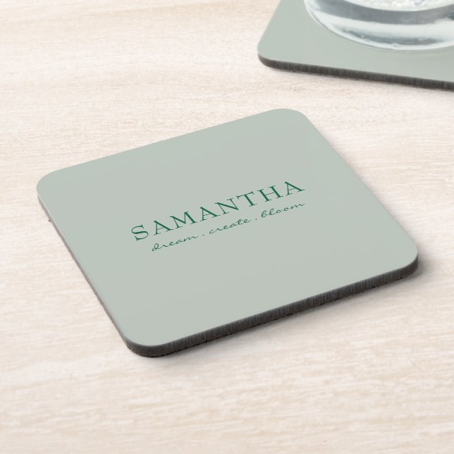 Minimalist Sage Green Name Inspirational Quote Coaster (Left Side)