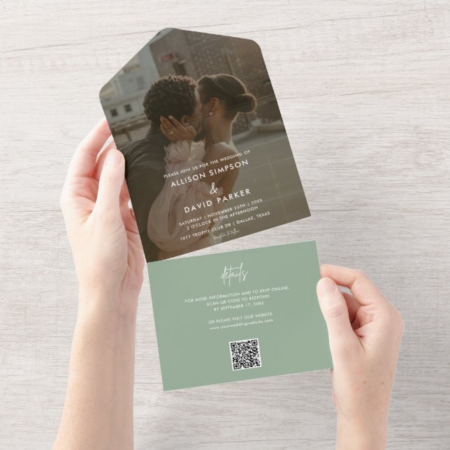 Minimalist Sage Green Photo QR Code All In One Invitation (Tearaway)