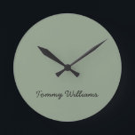 Minimalist Sage Green Professional Simple Round Clock<br><div class="desc">These simple,  minimalist can be personalised to include a name or any text of your choice. If you don't want any text and would prefer just a blank,  then you can simply delete the text.</div>