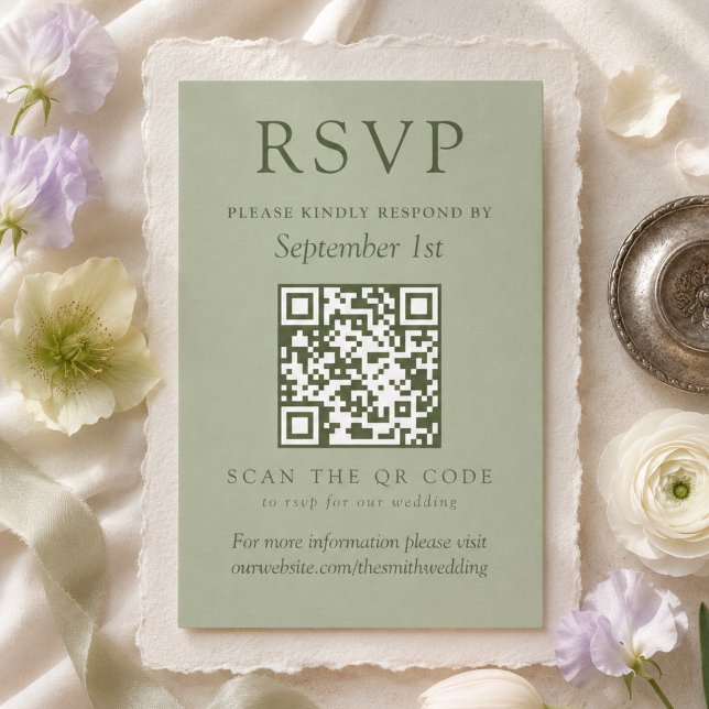 Minimalist Sage Green QR Code Wedding RSVP Card (Minimalist Sage Green QR Code Wedding RSVP Card)