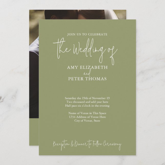 Minimalist Sage Green - QR - Photo and Wedding Invitation (Front/Back)