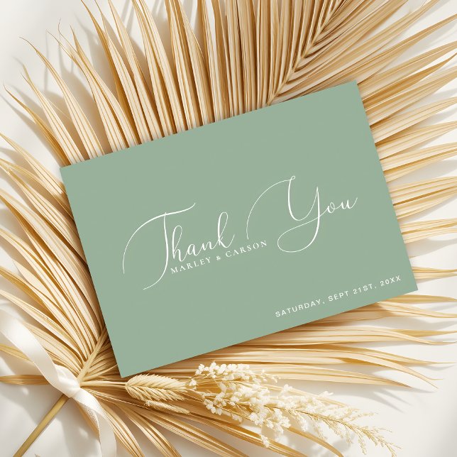 Minimalist Sage Green Script Custom Wedding Thank You Card (Creator Uploaded)