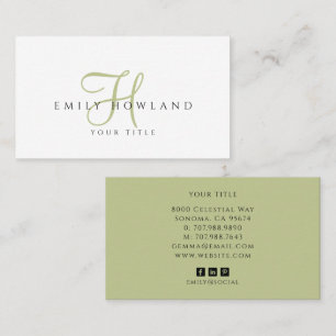 Minimalist Sage Green Script Monogram Name  Business Card