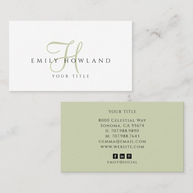 Minimalist Sage Green Script Monogram Name  Business Card (Front/Back)