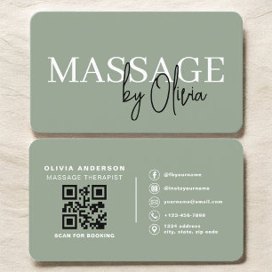 Minimalist Sage Green Spa Massage QR Code Business Card