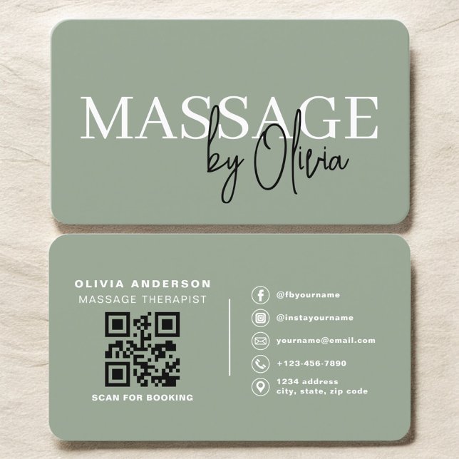 Minimalist Sage Green Spa Massage QR Code Business Card (Creator Uploaded)