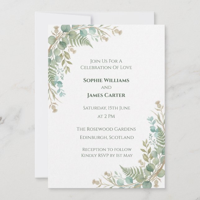 Minimalist Sage Green Thistle Fern Wedding Invitat Invitation (Front)