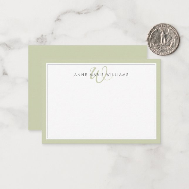 Minimalist Sage Green Two Border Monogram Card (Front/Back In Situ)