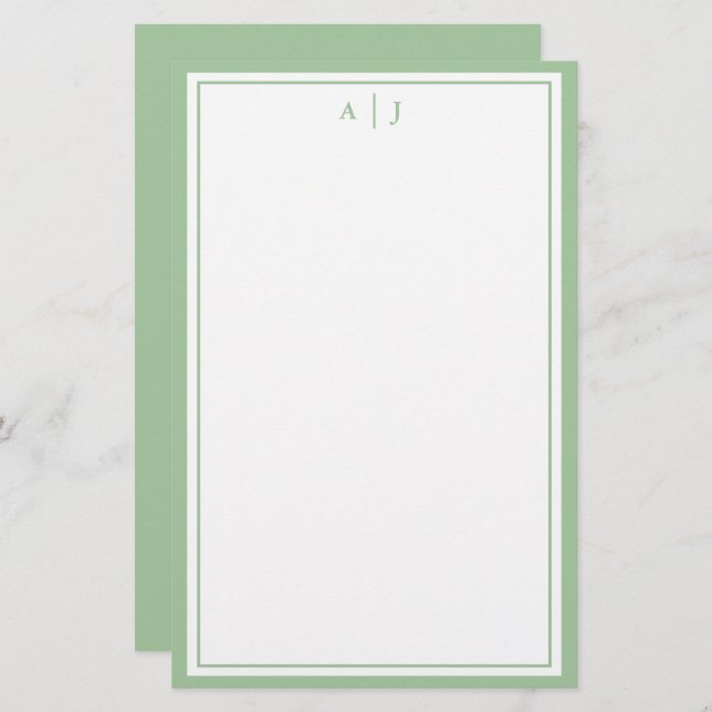 Minimalist Sage Green Two Border Monogram Stationery (Front/Back)