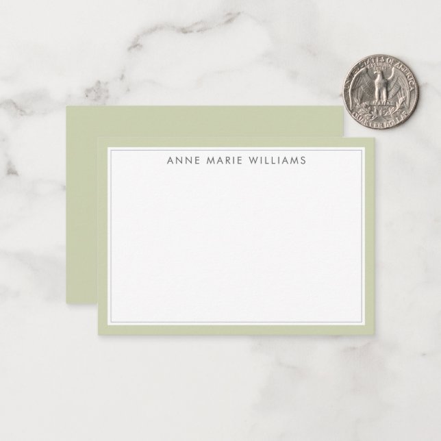 Minimalist Sage Green Two Border Name Note Card (Front/Back In Situ)