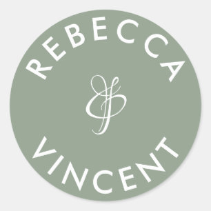 Minimalist Sage Green Wedding Personalised Names Classic Round Sticker