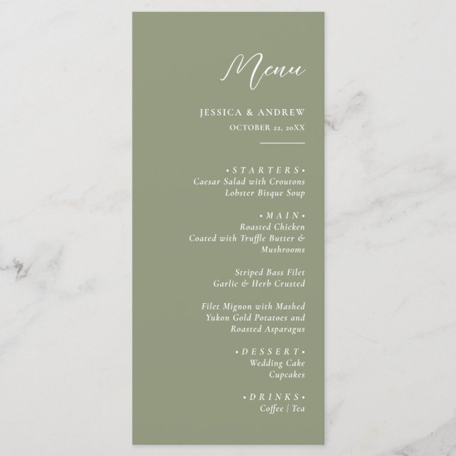 Minimalist Sage Green & White Simple Wedding Menu (Front)