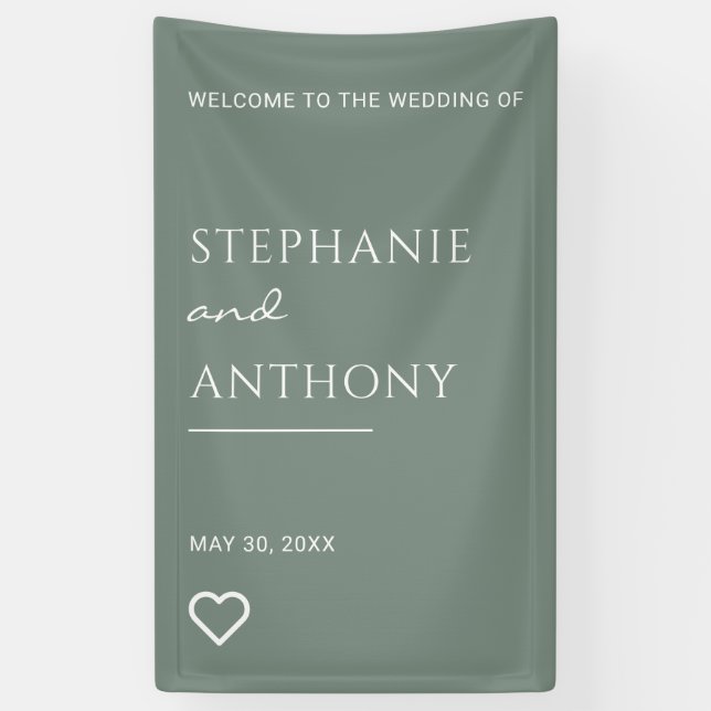 Minimalist Sage Green with Heart Modern Wedding  Banner (Vertical)