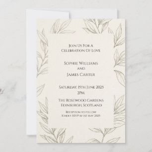 Minimalist Sage Leaf Sketch Elegant Wedding Invitation