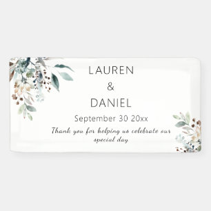 Minimalist Sage Leaves Names Wedding Thank You Banner