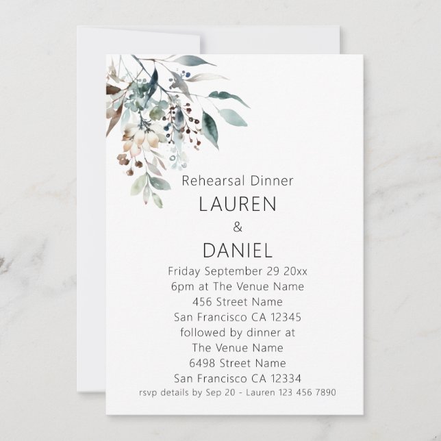 Minimalist Sage Leaves Wedding Rehearsal Dinner Invitation (Front)