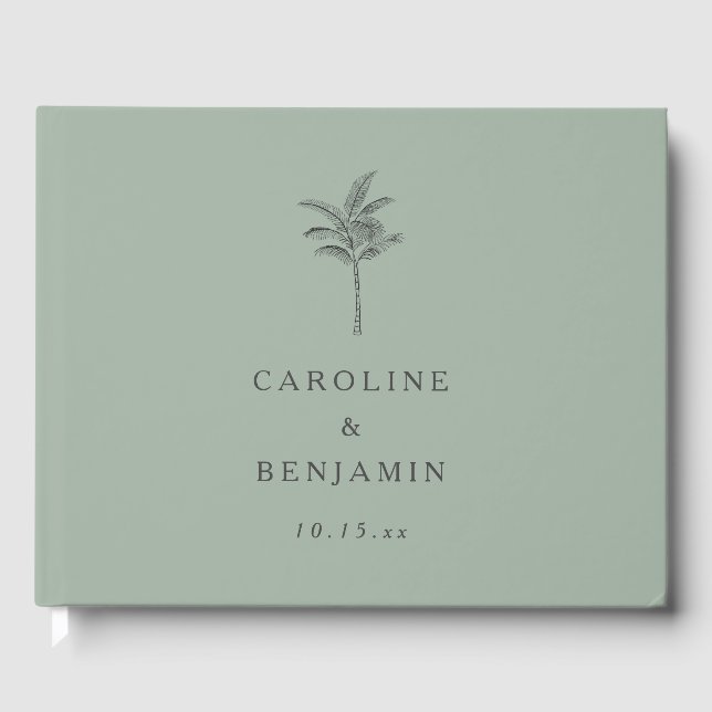 Minimalist Sage Palm Tree Line Art Custom Wedding Guest Book (Front)