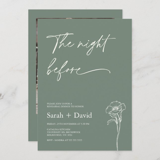 Minimalist Sage Photo Floral Rehearsal Dinner  Invitation (Front/Back)