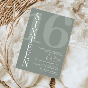 Minimalist Sage Sixteen 16th Birthday Party  Invitation