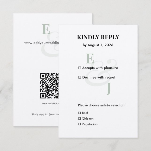 Minimalist Sage Small Wedding RSVP Card | QR Code (Front/Back)