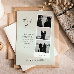 Minimalist Sage Three Photo Strip Couple Wedding Thank You Card