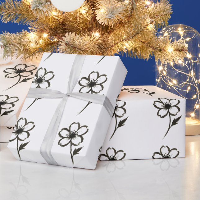 Minimalist Sakura – Ink Brush Cherry Blossom on  Wrapping Paper (Holidays)