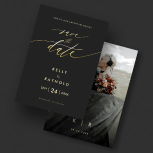 Minimalist Save The Date Black Gold Wedding Photo Invitation