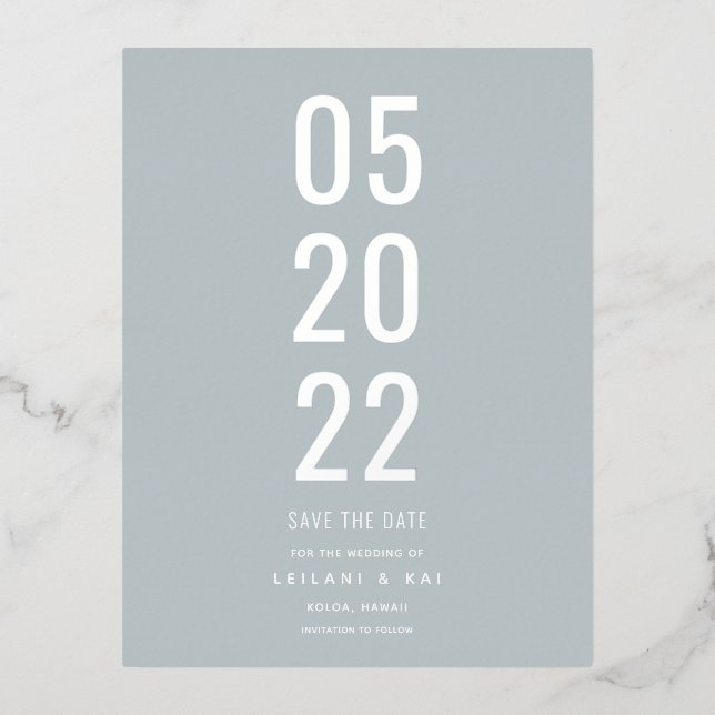 Minimalist Save the Date Dusty Blue Foil Invitation Postcard (Front)