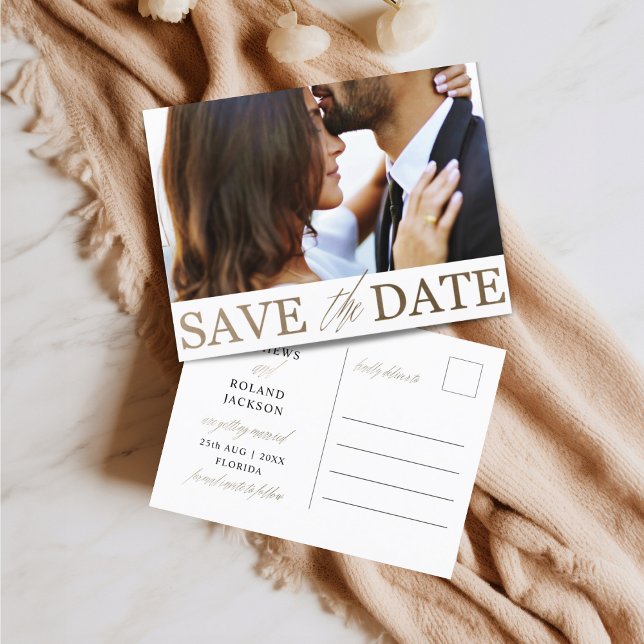 Minimalist Save the Date Faux Gold & Photo Postcard (Creator Uploaded)