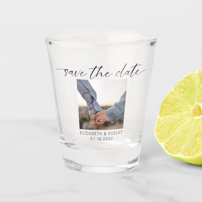 Minimalist Save the Date Photo Modern Script   Shot Glass (Front)