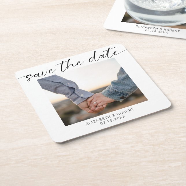 Minimalist Save the Date Photo Modern Script  Square Paper Coaster (Angled)