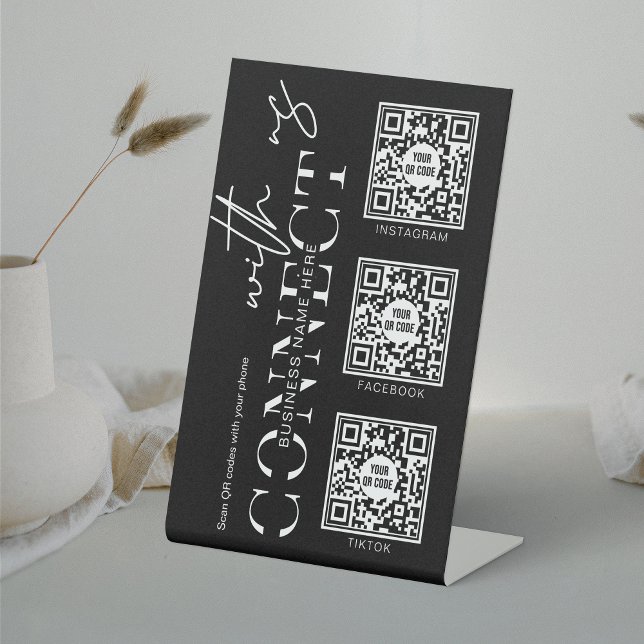 Minimalist Scan to Connect Social Media 3 QR Codes Pedestal Sign (Connect with your customers with this modern 3 QR codes social media table top black sign)