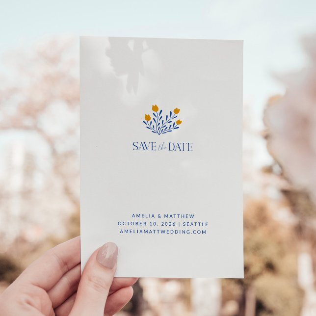 Minimalist Scandinavian Folk Flowers Blue Yellow Save The Date (Creator Uploaded)