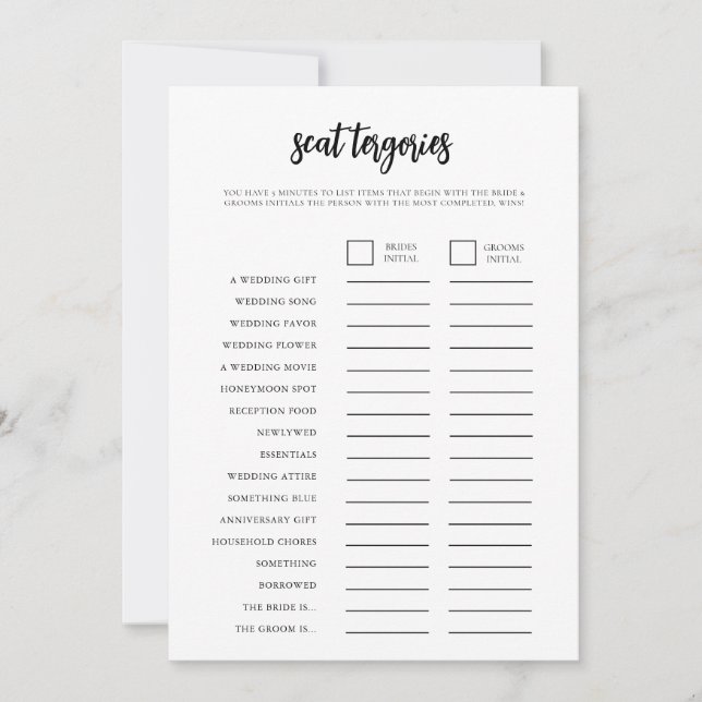 Minimalist Scattergories Bridal Shower Game Card (Front)
