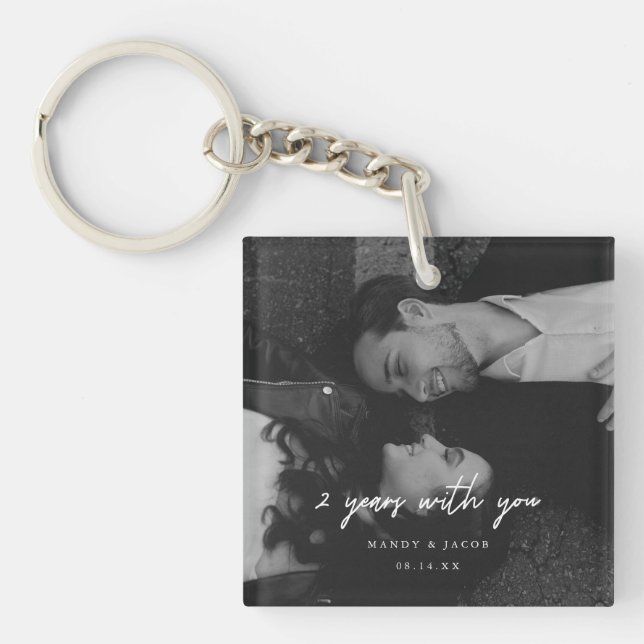 Minimalist Script 2-Year Anniversary Couple Photo Key Ring (Front)