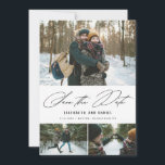 Minimalist Script 3 Photo Collage Save The Date<br><div class="desc">This minimalist and modern save the date is simple and elegant. Featuring three of your photos,  your details,  room to write additional details on the back,  and comes with a rustic watercolor check pattern on the back.</div>