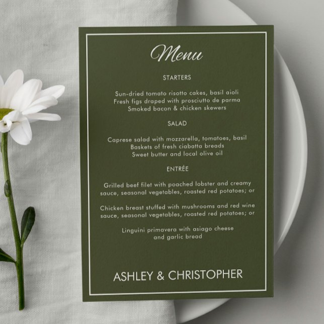 Minimalist Script Army Green Wedding Reception Menu (Creator Uploaded)