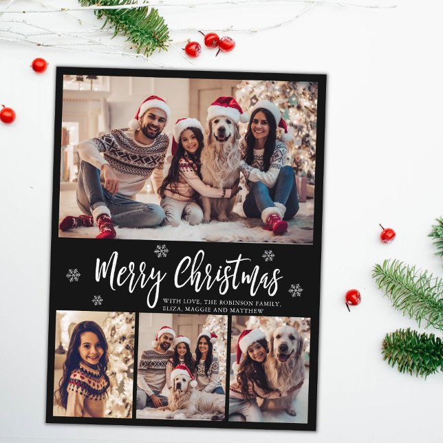 Minimalist Script Black 4 Photo Collage Christmas Postcard (Creator Uploaded)
