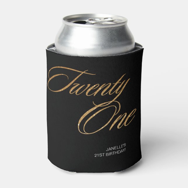Minimalist Script Black and Gold 21st Birthday Can Cooler (Can Front)