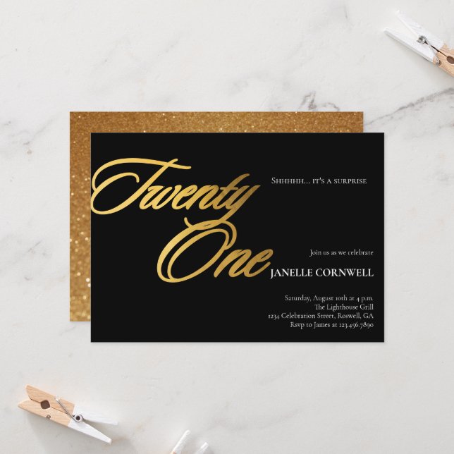 Minimalist Script Black and Gold 21st Birthday Invitation (Front/Back In Situ)